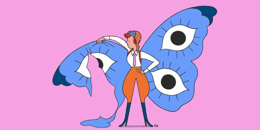 illustrazione di donna vestita da aviatore con un ali di farfalla di cui una rotta